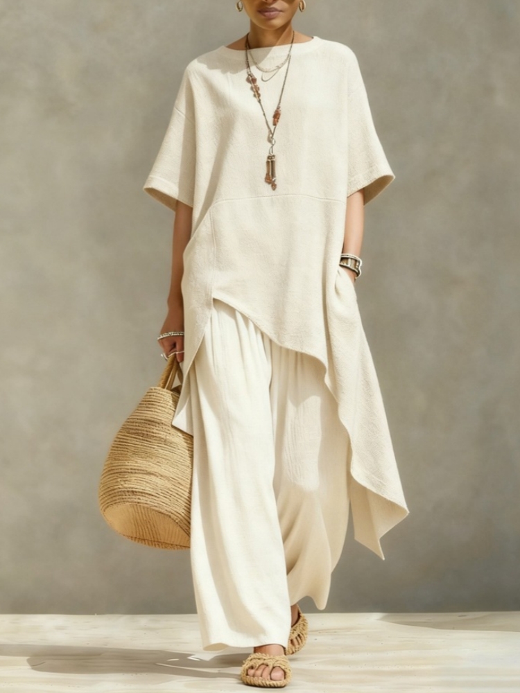 Linen Pant Wide - Damen Baumwoll-Leinen Hosenanzüge 2-teilig Lässige Halbarm-Bluse