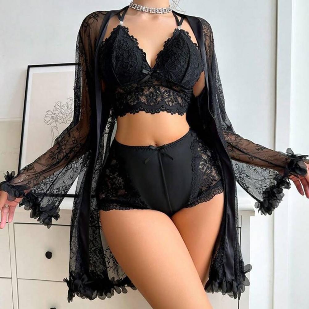 Kimono Sheer Floral - Sexy Nachtwäsche-Set mit floraler Spitze, durchsichtiger