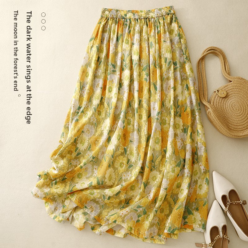 Midi Skirt Floral - Retro Blumenmuster Baumwolle-Leinen Halbrock Hohe Taille
