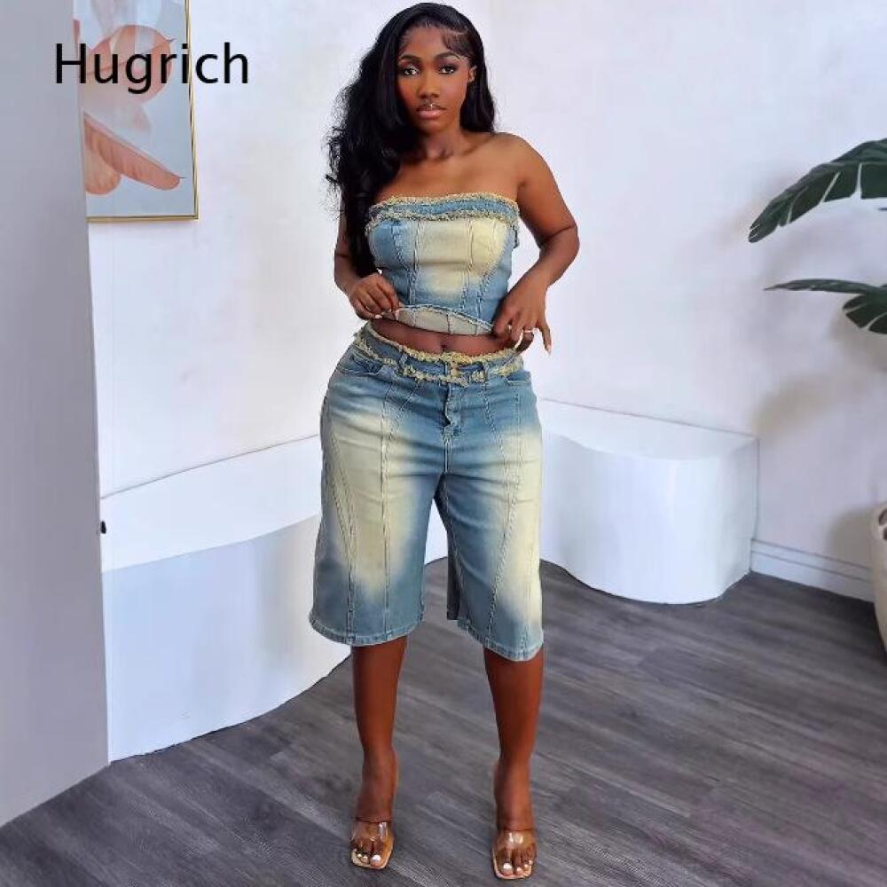 Shorts Denim Frayed - Damen-Set: Gewaschenes Trägerloses Crop-Top mit Fransen