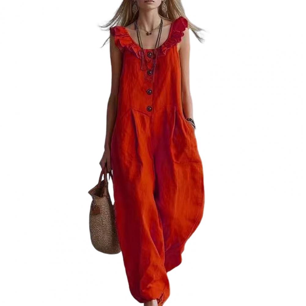 Jumpsuit Linen Relaxed - Relaxed Fit Romper für Damen, Rüschen-Jumpsuit