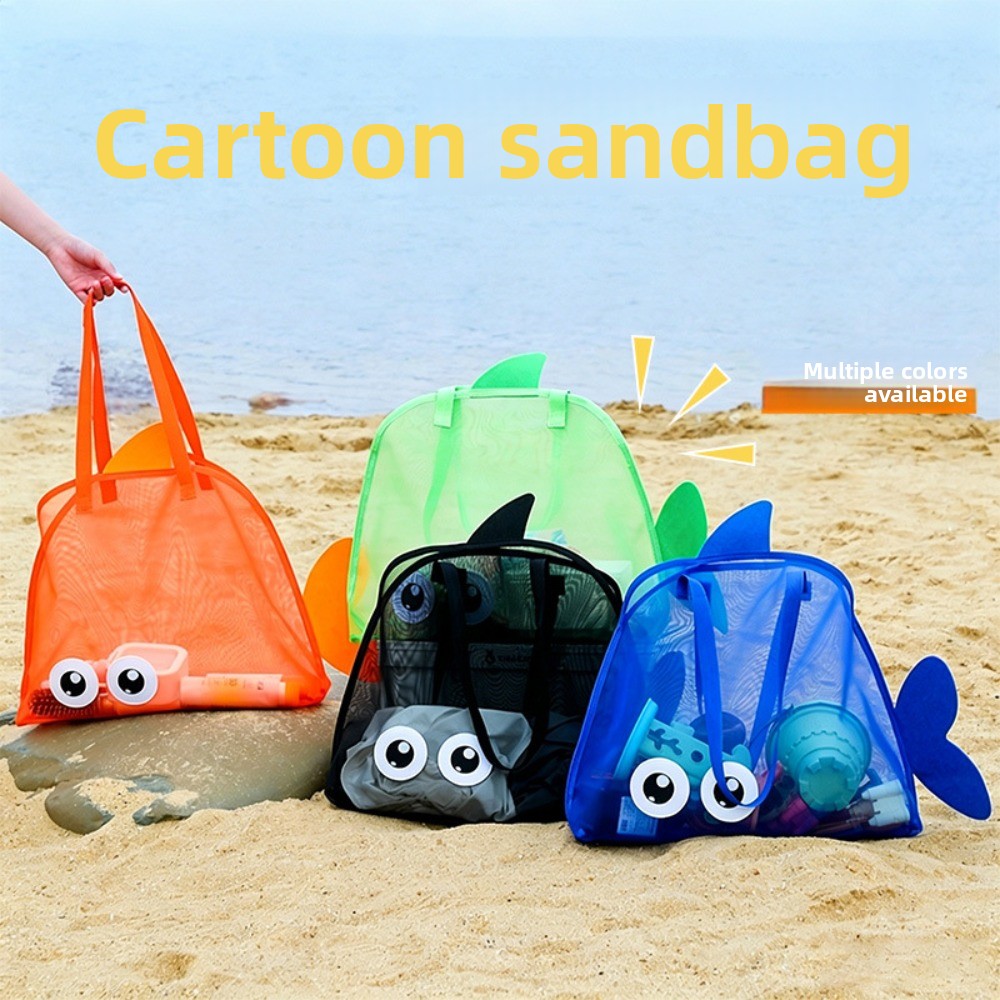 Tote Bag Beach - Kinder-Strandtaschen aus Netzstoff, bunt, mit Cartoon-Hai-Motiv,