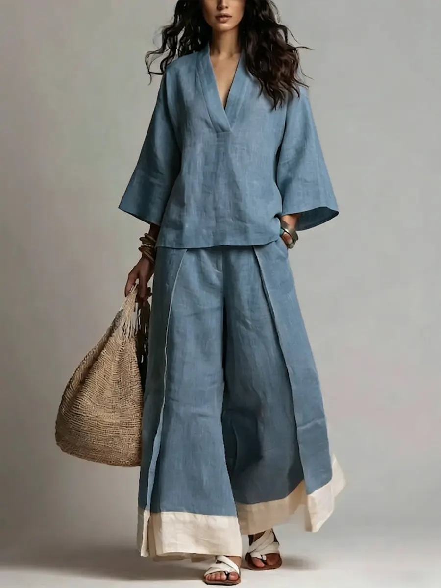 Linen Pant Wide - Sommer Damen V-Ausschnitt Baumwolle-Leinen-Set Französisch Elegant