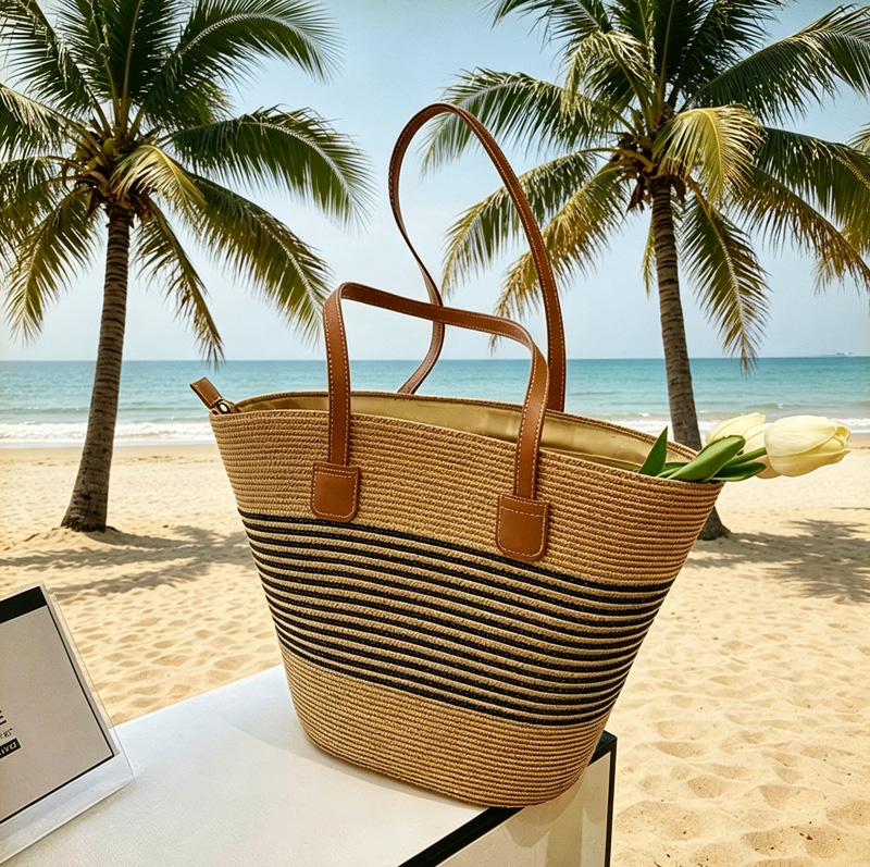 Tote Bag Beach - CLAREGQI Damen-Tragetasche aus gestreiftem Stroh, gewebte