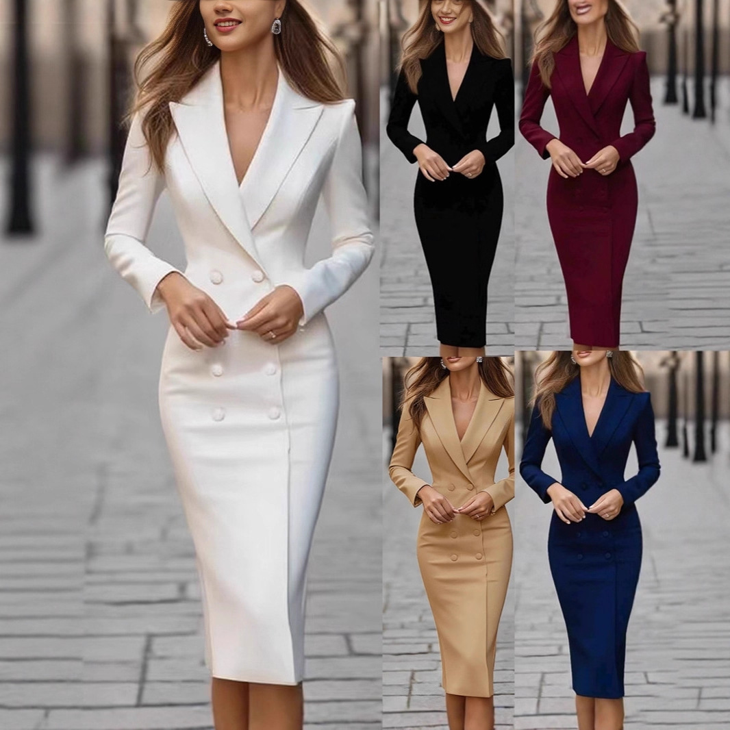 Linen Dress Wrap - Elegantes, schmales, einfarbiges, zweireihiges Partykleid für