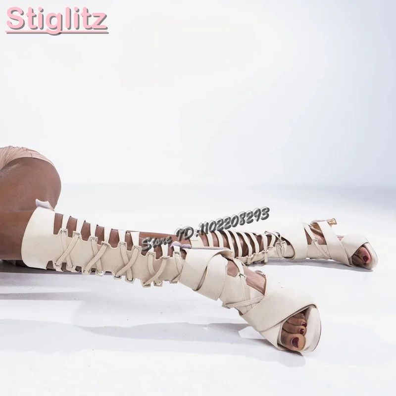 Sandal Strappy Heeled - Retro-Kreuz-gebundene römische Sandalen, solide, mattierte runde