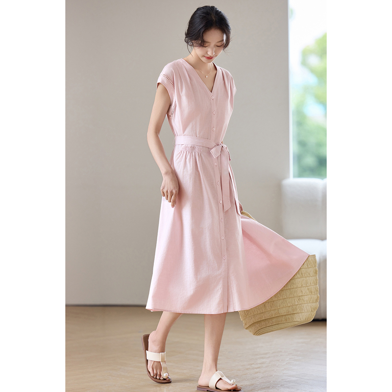 Linen Dress Wrap - SENTUBILA Damen Midi-Kleid in Rosa, Baumwolle,