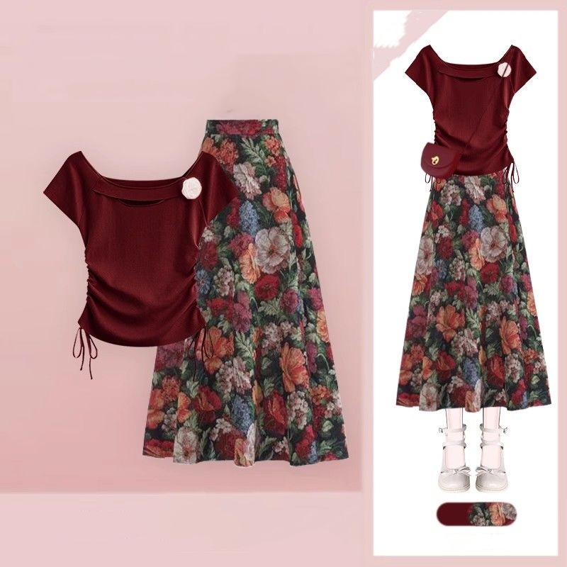 Midi Skirt Floral - Frauen Glück Weinrot T-Shirts Blumen Röcke