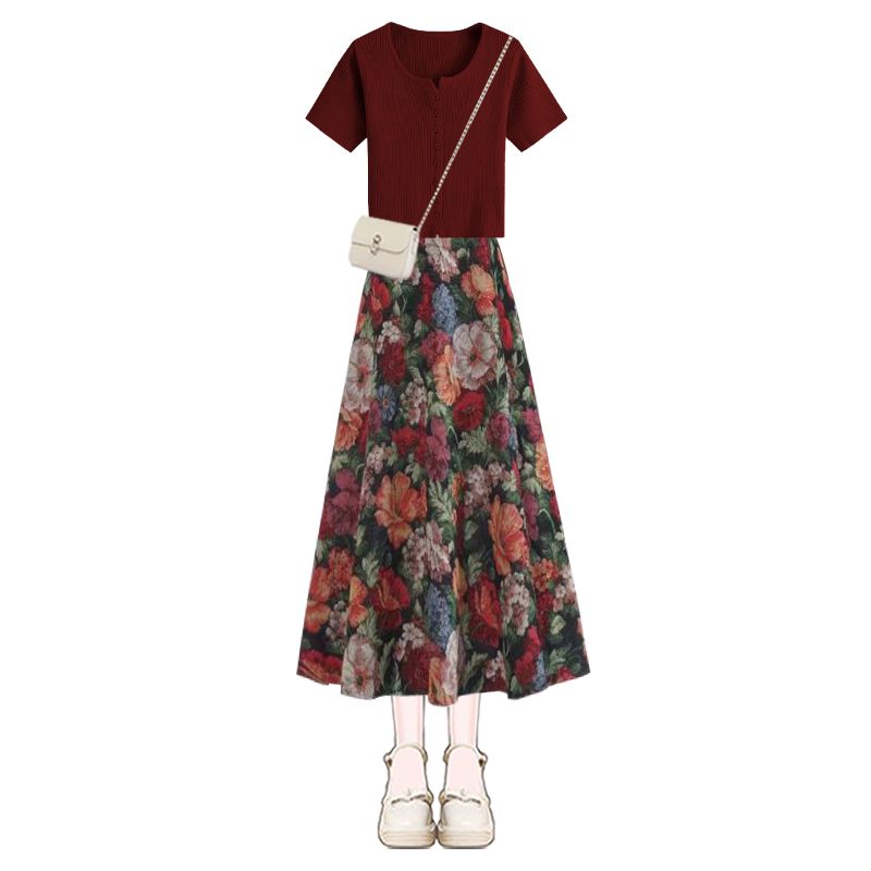Frauen Glück Weinrot T-Shirts  – Midi Skirt Floral Bewertung und Preis
