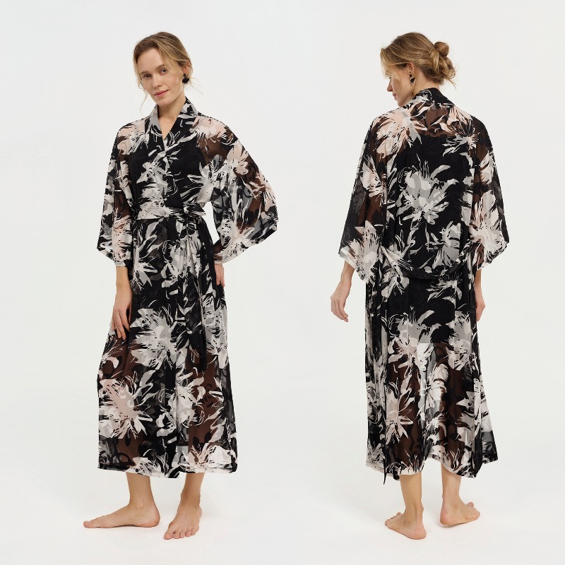 Damen Kimono aus schwarzem und – Kimono Sheer Floral Bewertung und Preis